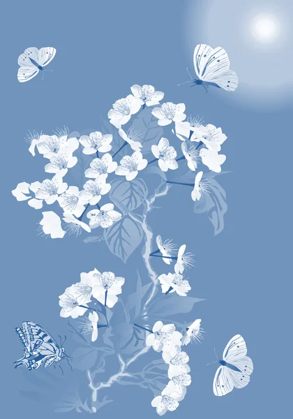 Μπλε Κερασιά λουλούδια και πεταλούδες — Διανυσματικό Αρχείο