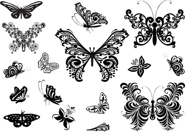 Decorated black butterflies collection — Stock Vector
