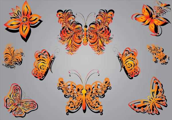 Oranje ingericht bloemen en vlinders — Stockvector