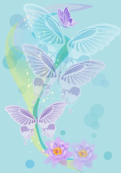 Blauwe vlinders en bloemen achtergrond — Stockvector