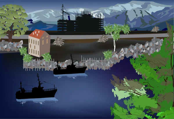 Εικονογράφηση με πλοία στο ποτάμι κοντά στο εξοχικό σπίτι — Διανυσματικό Αρχείο