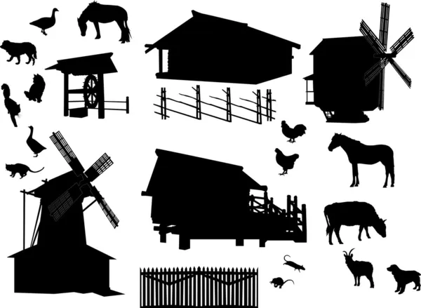 Reihe von Dorfgebäuden und Tieren isoliert auf weiß — Stockvektor