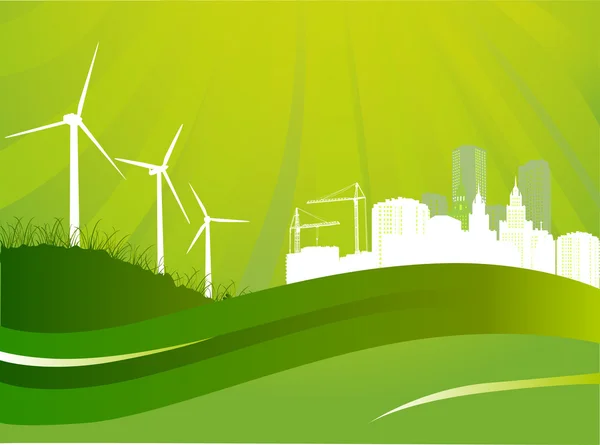 Grüne Stadt und Windkraftanlagen — Stockvektor