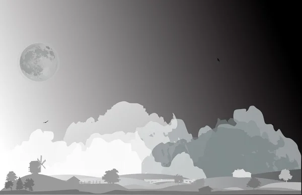 Paysage de campagne nocturne avec lune — Image vectorielle