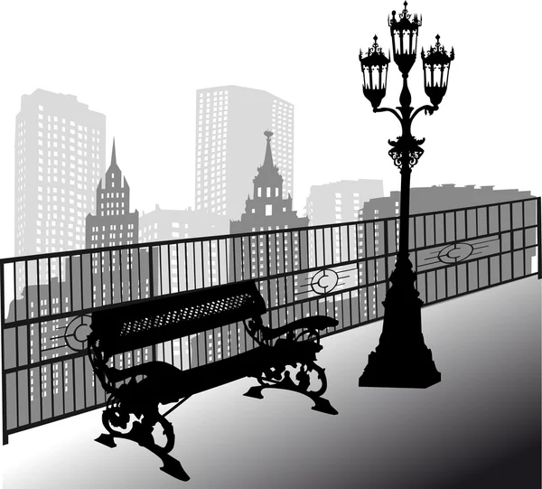 Lampy ławki i ulica w mieście — Wektor stockowy
