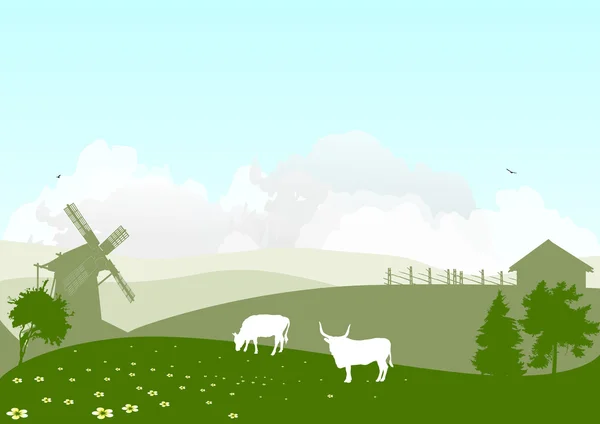 Иллюстрация с коровами возле мельницы — стоковый вектор
