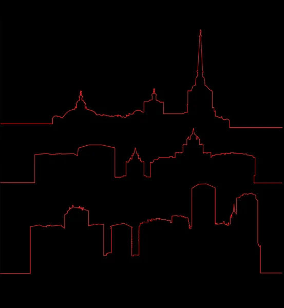 Trois contours de ville sur noir — Image vectorielle