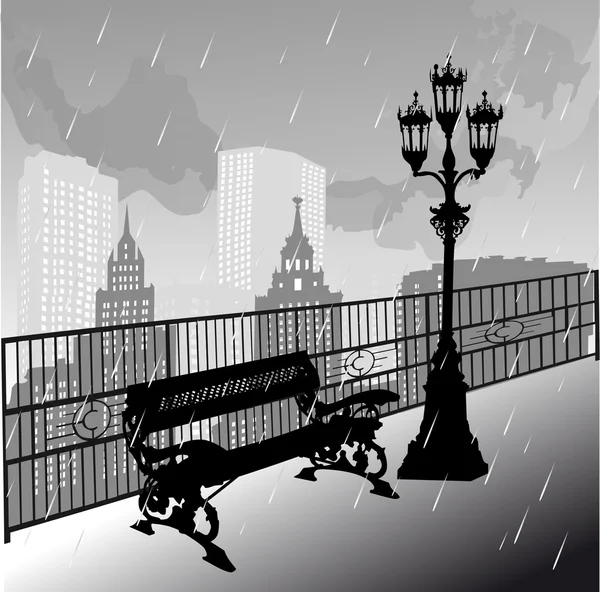 雨下的长凳和街灯 — 图库矢量图片