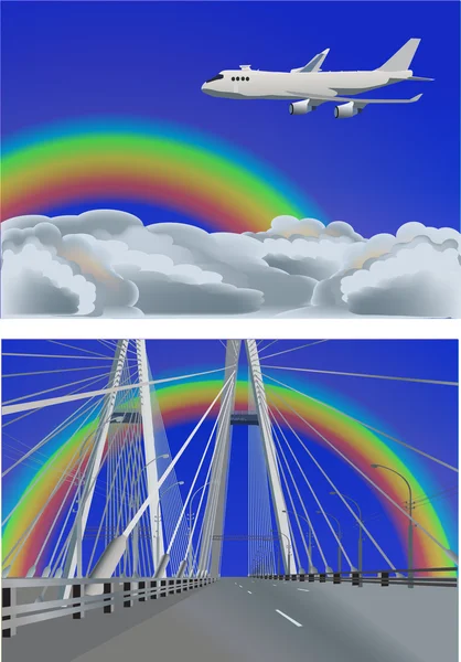 Regenboog boven nieuwe moderne brug en onder vliegtuig — Stockvector