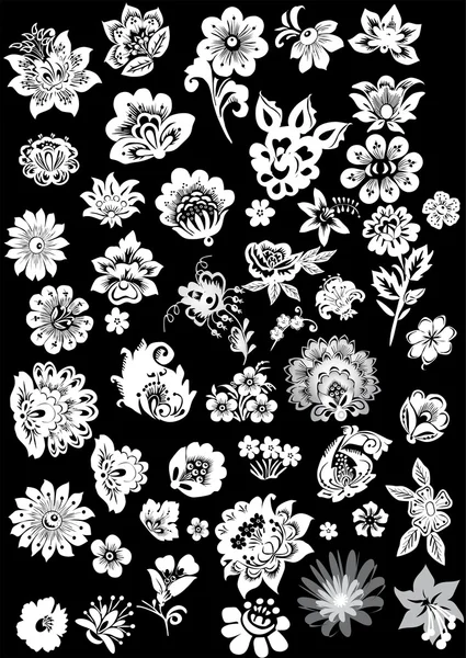 Біла колекція квіткових елементів на чорному — стоковий вектор