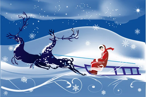 Woman on deer sleigh blue illustration — Stock Vector