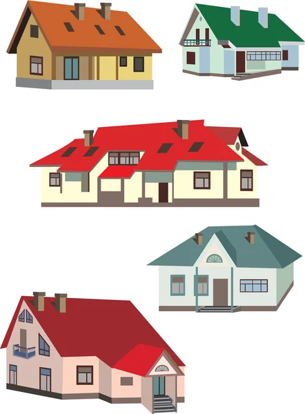 Set with fivw cottages isolated on white — Stock Vector