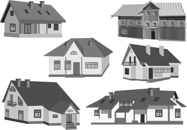 Six grey cottages isolated on white — Stock Vector
