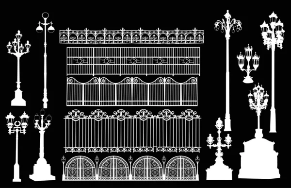 Lampadaires et clôtures sur noir — Image vectorielle