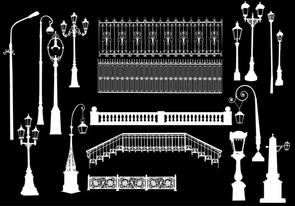 Clôtures et lampadaires sur noir — Image vectorielle