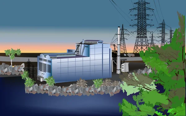 Εργοστασίου παραγωγής ηλεκτρικής ενέργειας κοντά θάλασσα εικονογράφηση — Διανυσματικό Αρχείο