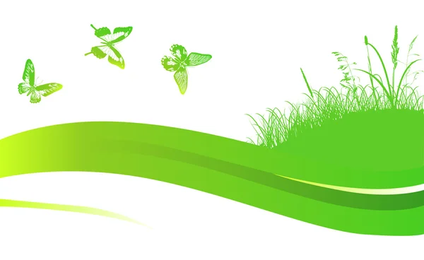 Green butterflies and grass background — Stock Vector