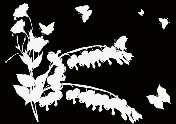 Ілюстрація з білими метеликами та силуетами квітів — стоковий вектор