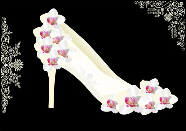 Flores de orquídea blanca y zapato aislado en negro — Vector de stock