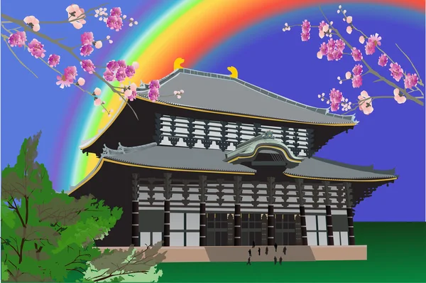 Pagoda bajo el arco iris ilustración — Vector de stock