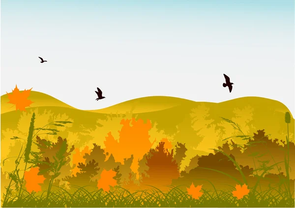 Amarillo otoño bosque paisaje bajo cielo azul — Vector de stock