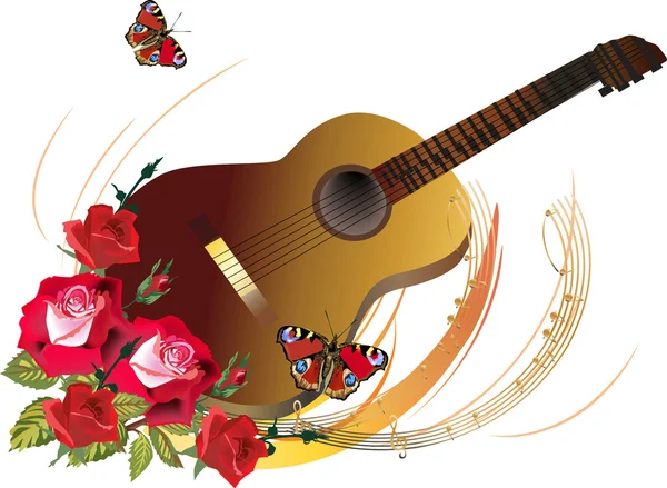 Κιθάρα στην απεικόνιση του κόκκινο τριαντάφυλλο λουλούδια — Διανυσματικό Αρχείο