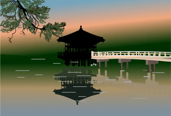 Pavillon et réflexion dans l'illustration de l'étang — Image vectorielle