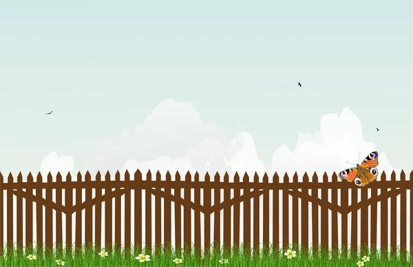 Fence in green grass at cloudscape — Stock Vector