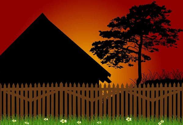 Fence and house at sunset — Stock Vector