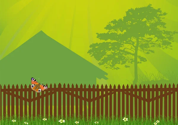 รั้วในหญ้าสีเขียวใกล้บ้าน — ภาพเวกเตอร์สต็อก