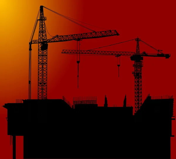 Two cranes and building at red sunset — Stock Vector