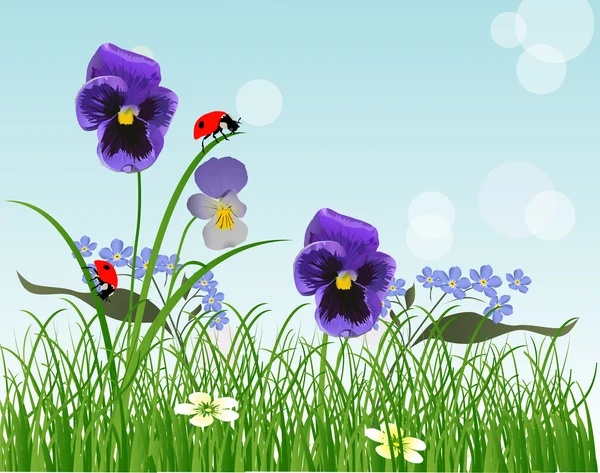 Blue flowers and red ladybugs — Stock Vector