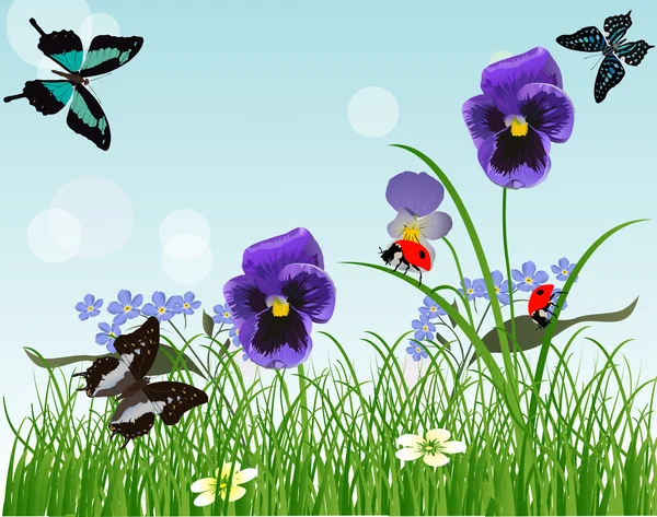 Blue flowers and insects in green grass — Stock Vector