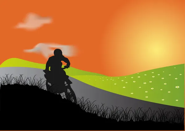 Man on motorcycle at sunset — Stock Vector