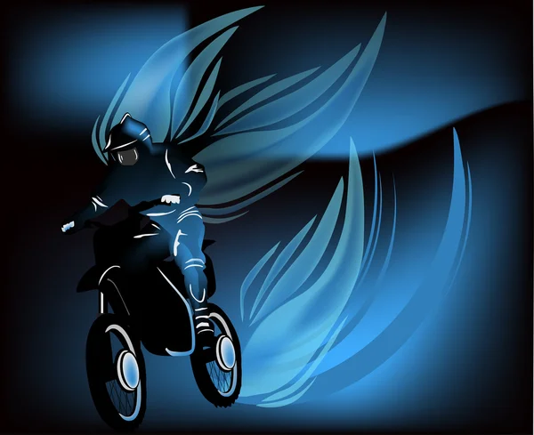 Hombre en motocicleta en llama azul — Vector de stock