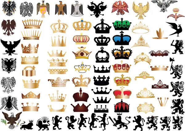 Large set of crowns and heraldic animals — Stock Vector