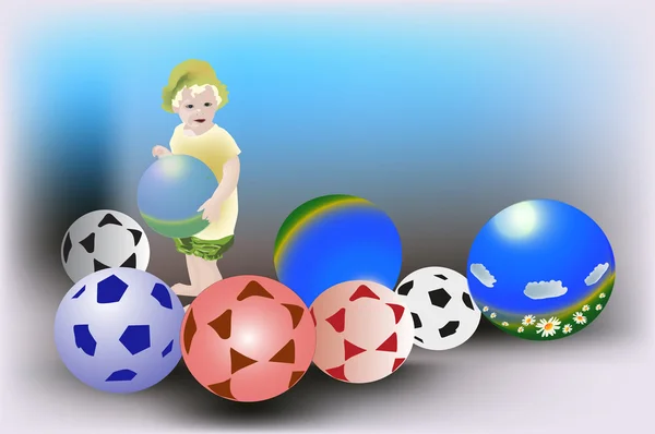 Child and many balls illustration — Stock Vector