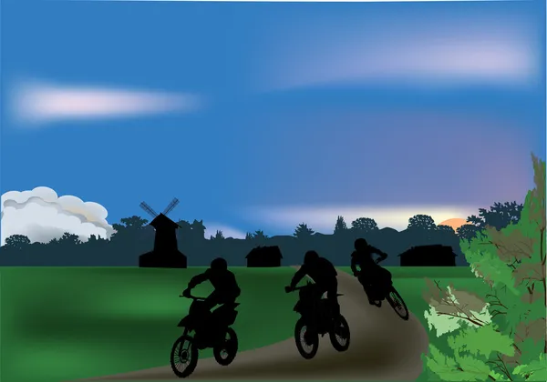 男子骑摩托车在乡村景观 — 图库矢量图片