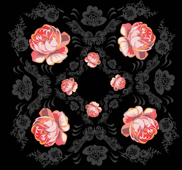 Σχεδιασμός γκρι και κόκκινο τριαντάφυλλο λουλούδια σε μαύρο — Διανυσματικό Αρχείο