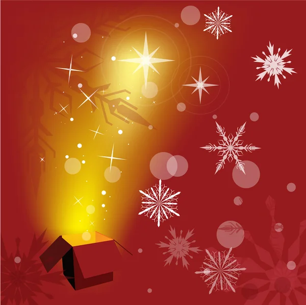 Shining box on red snowflake background — Stock Vector
