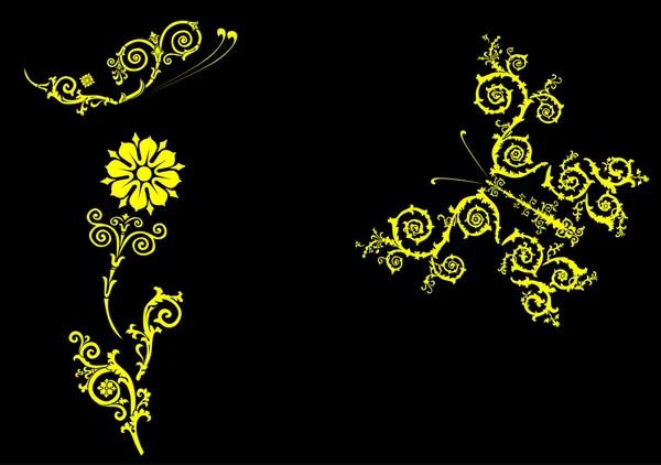 Ingerichte bloem en vlinders geïsoleerd op zwart — Stockvector