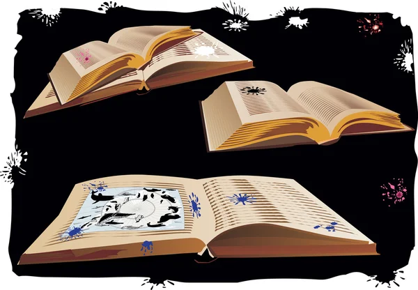 Три открытые книги на черном — стоковый вектор