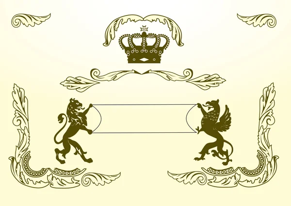 Brauner Wappenrahmen mit Drache und Löwe — Stockvektor
