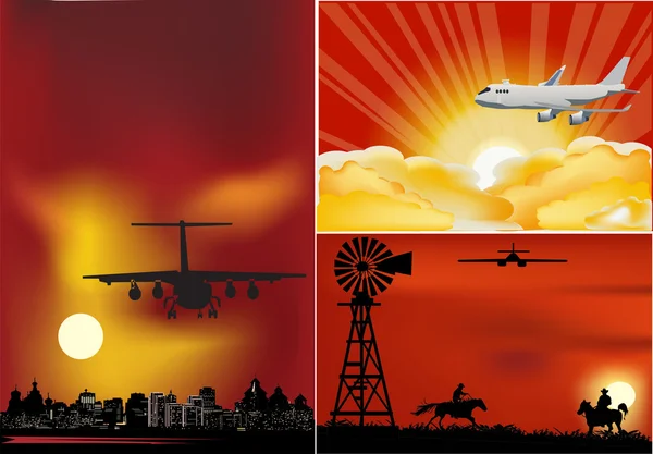 Tre composizioni con aerei al tramonto — Vettoriale Stock