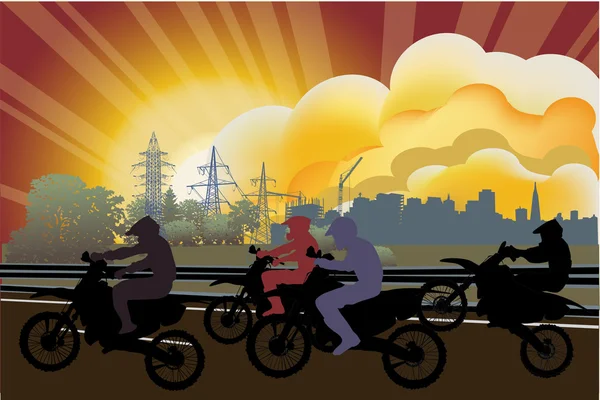 Silhouettes d'hommes sur des motos à la rue — Image vectorielle