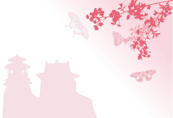 Silueta de pagoda rosa y flor de sakura — Vector de stock