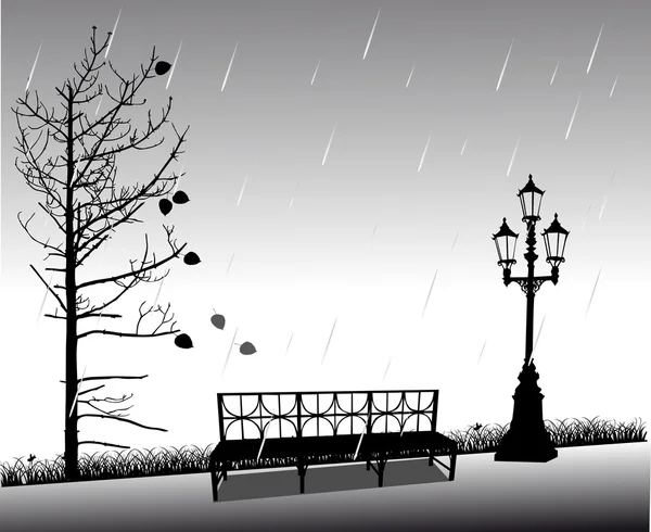 Banc et arbre tombant sous la pluie — Image vectorielle