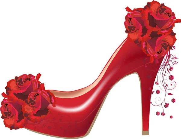 Rote Rosenblüten und Schuh isoliert auf weiß — Stockvektor