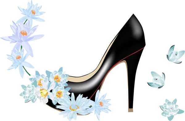 Vit Lilja blommor och svart sko — Stock vektor