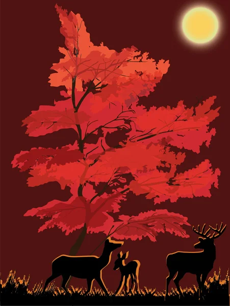 Deers near red tree illustration — Stock Vector